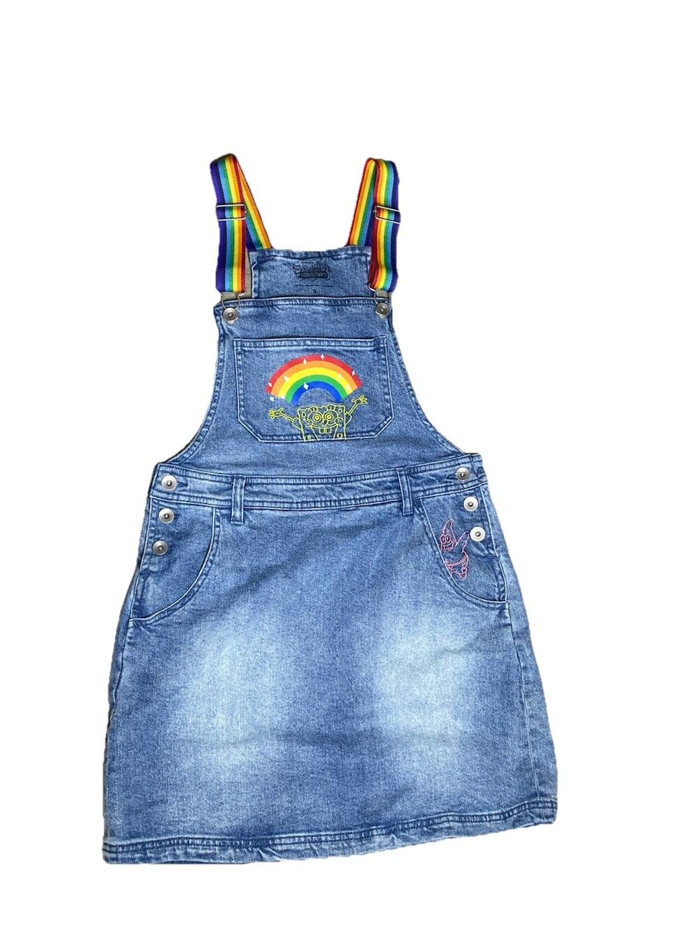 RARE SpongeBob Denim Overall Dress Rainbow Straps Skirtall sz small jean lgbtq